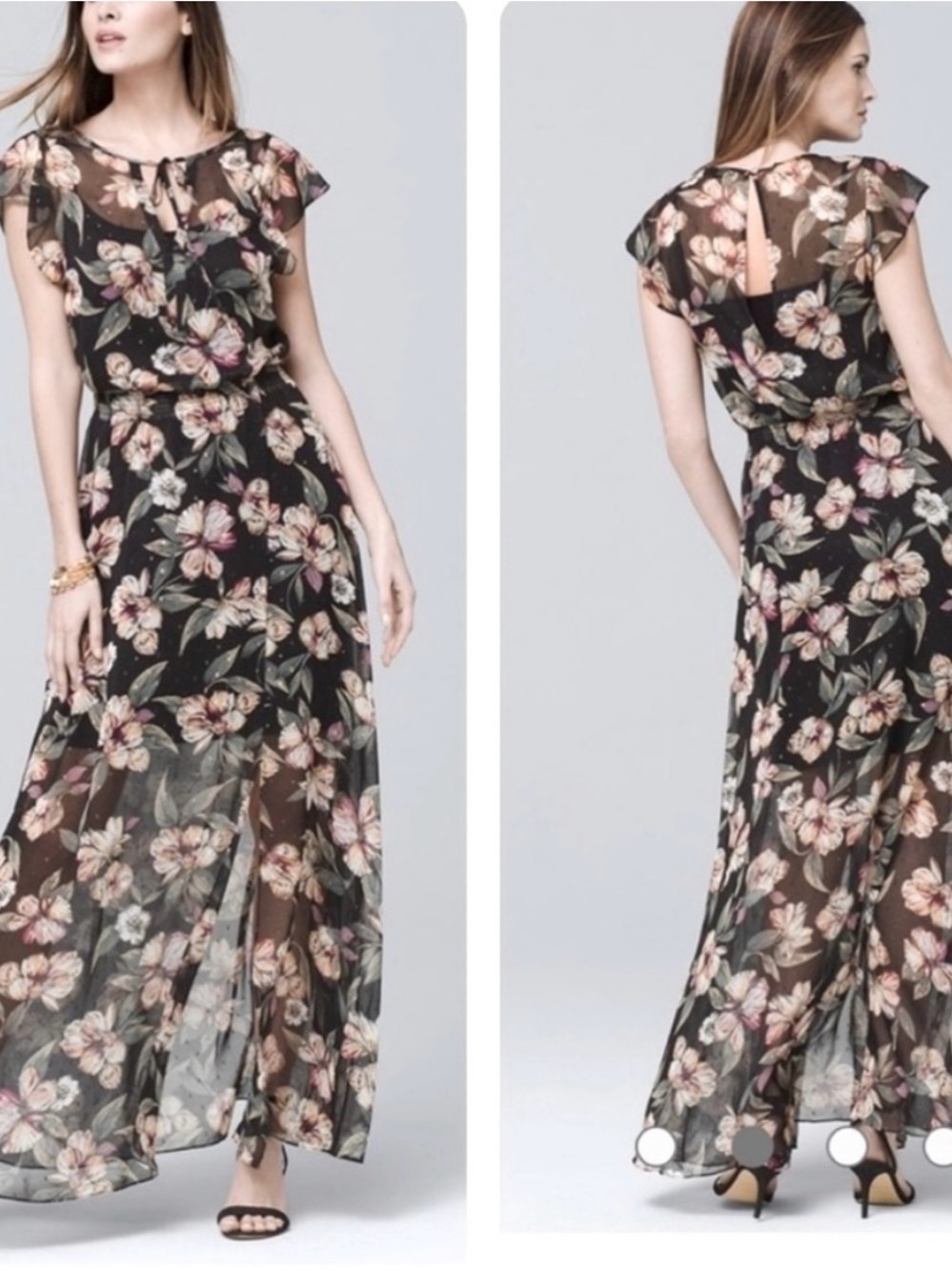 White House Black Market Black Floral Maxi Dress with Pink and Cream Blooms Sz S